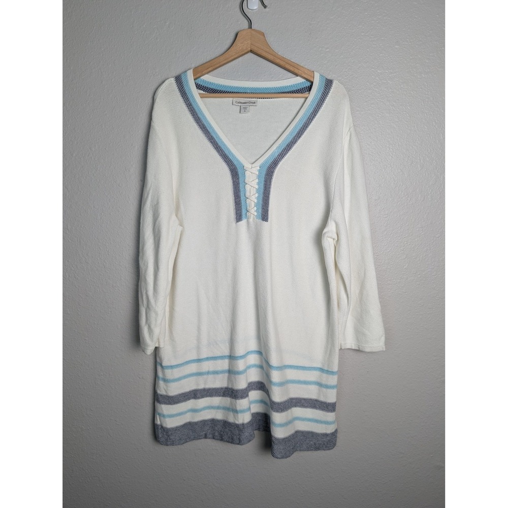 Coldwater‎ Creek Sweater Tunic Womens XL White Striped V-Neck Lace-Up Knit